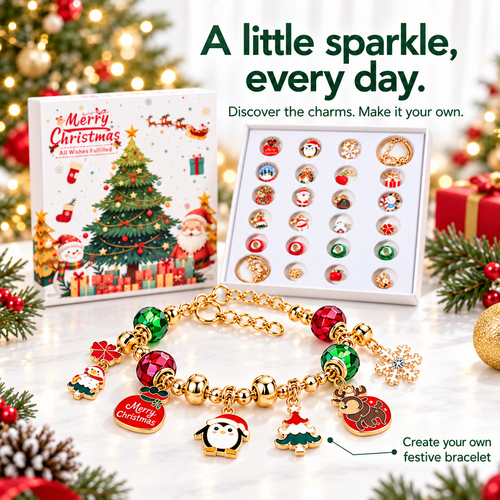 Festive charm bracelet close-up with the advent calendar in the background