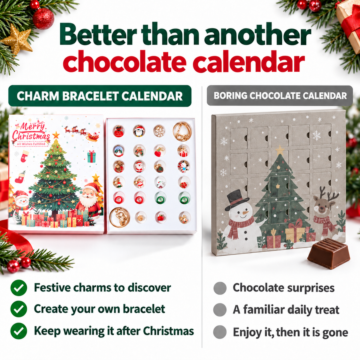 Charm Bracelet Advent Calendar compared with a chocolate advent calendar