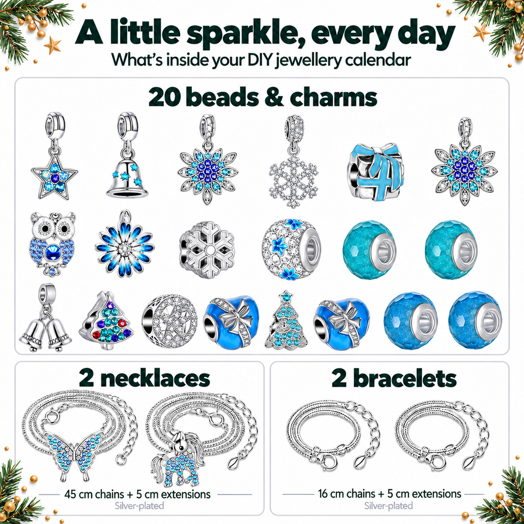 Ice Blue DIY charm jewellery advent calendar contents – 20 beads and charms, two coiled necklaces and two coiled bracelets