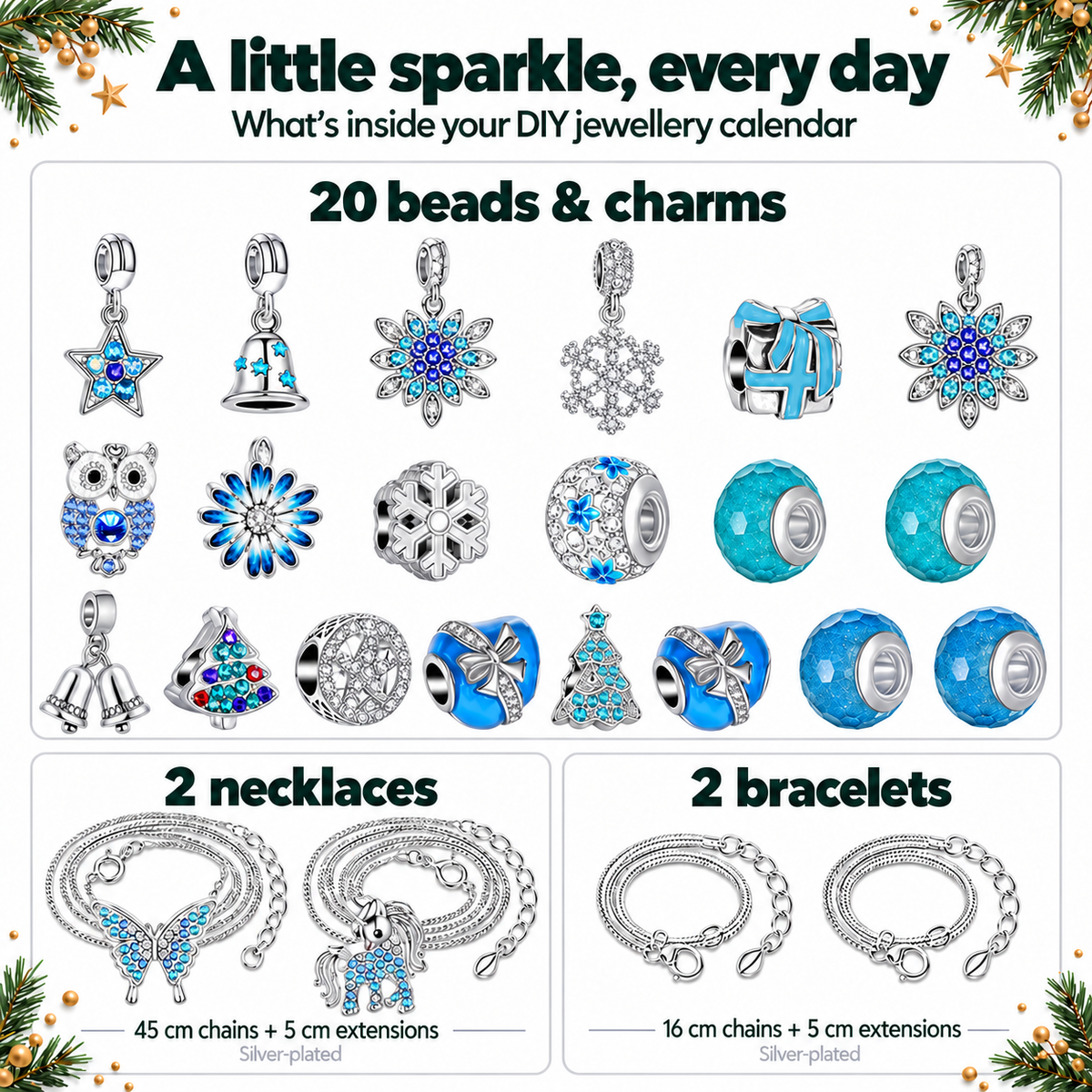 Ice Blue DIY charm jewellery advent calendar contents – 20 beads and charms, two coiled necklaces and two coiled bracelets