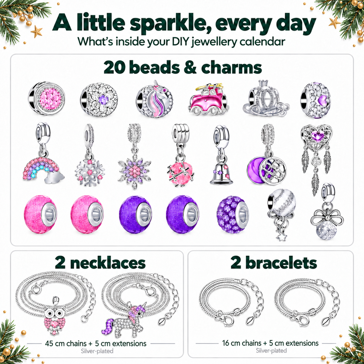 Pink and purple DIY charm jewellery calendar contents with coiled necklaces and bracelets