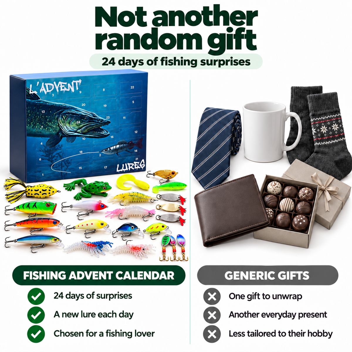 Fishing advent calendar with lures compared with generic Christmas gifts