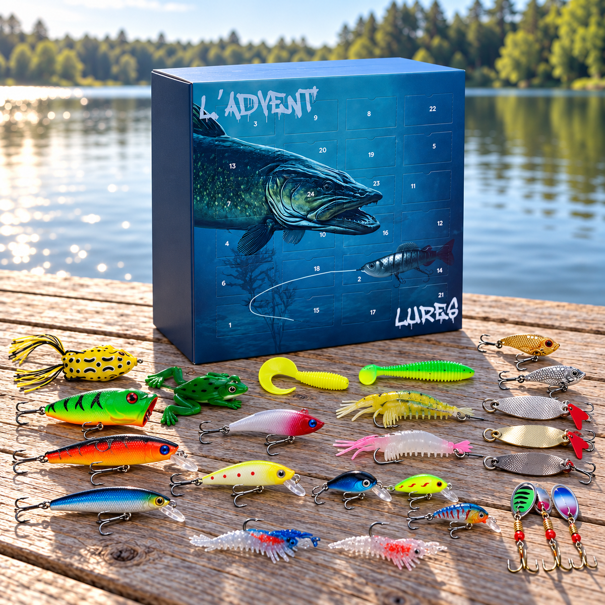 Fishing advent calendar with fishing lures arranged on a timber deck beside a lake
