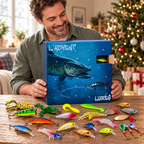 Man holding the fishing advent calendar with one window open and lures casually scattered on a table in a Christmas living room