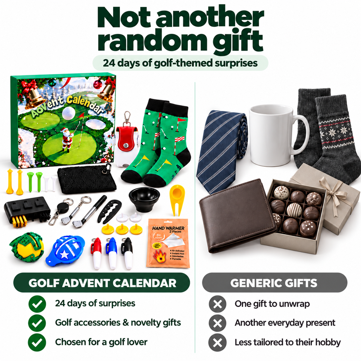 Golf advent calendar with 24 golf-themed surprises compared with generic gifts