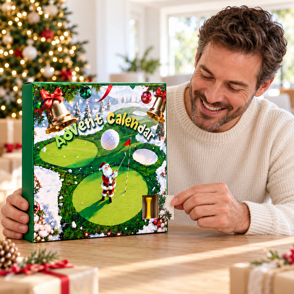 Man opening a golf advent calendar window to reveal a yellow golf tee in a bright Christmas living room