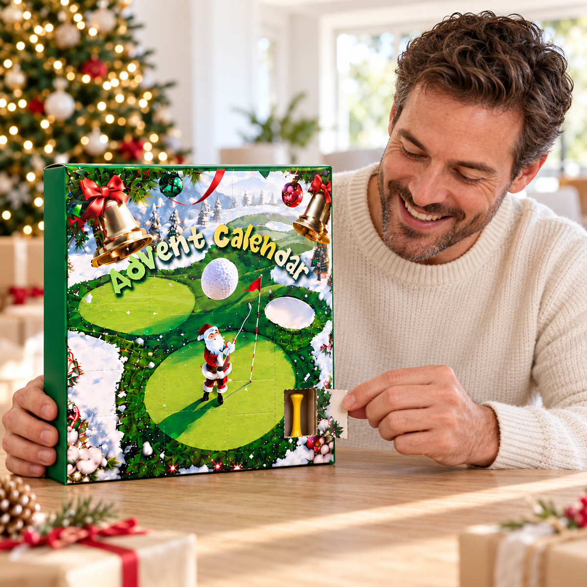 Man opening a golf advent calendar window to reveal a yellow golf tee in a bright Christmas living room