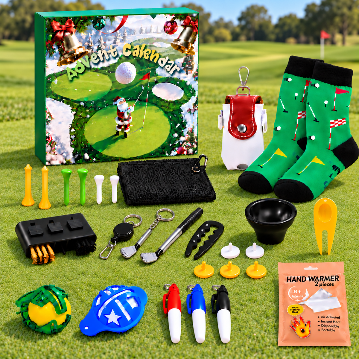 Golf advent calendar and accessories on a putting green with a softly blurred golf course and red flag on the right