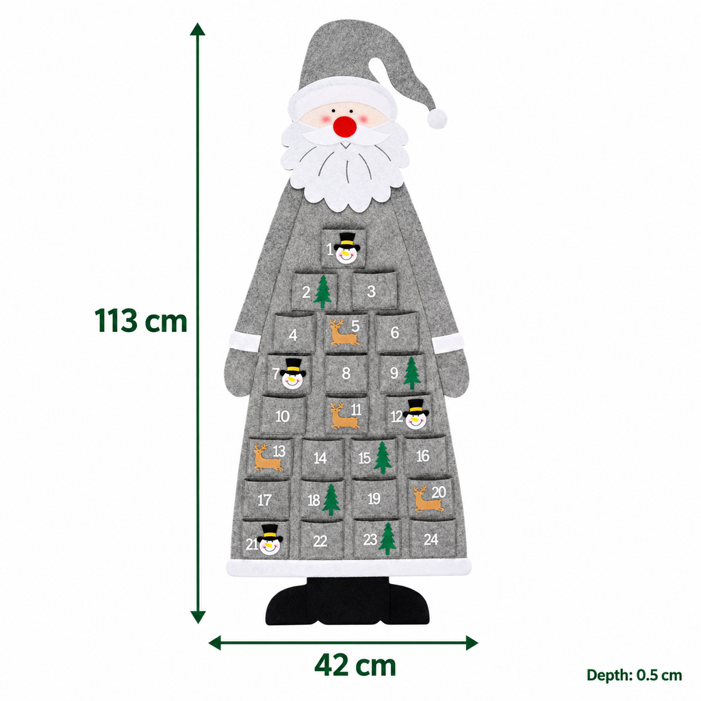 Grey Santa felt advent calendar – dimensions – 113 cm high × 42 cm wide × 0.5 cm deep