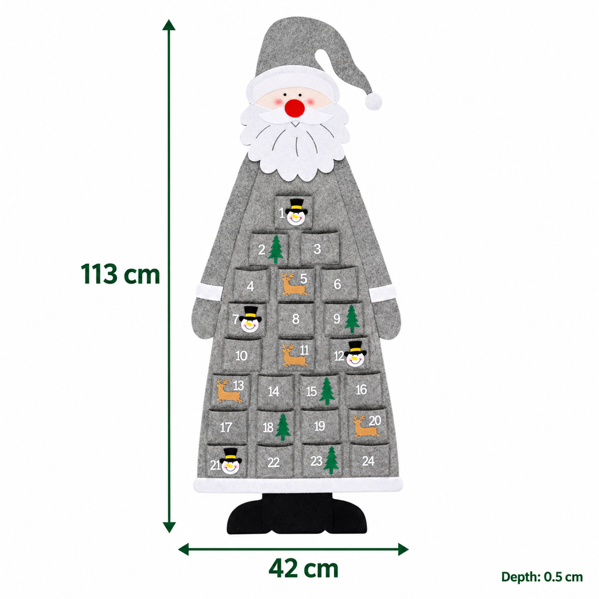 Grey Santa felt advent calendar – dimensions – 113 cm high × 42 cm wide × 0.5 cm deep