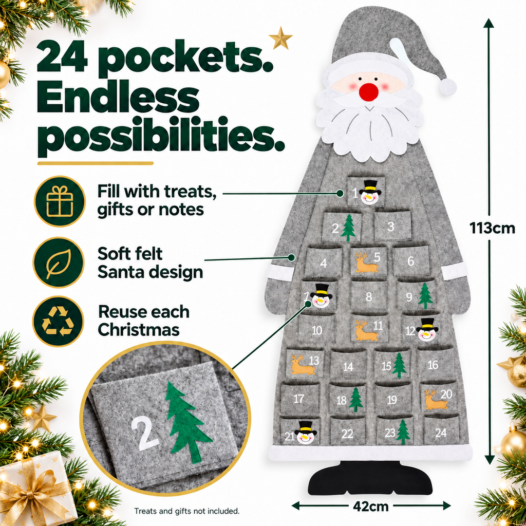 Grey Santa felt advent calendar – features