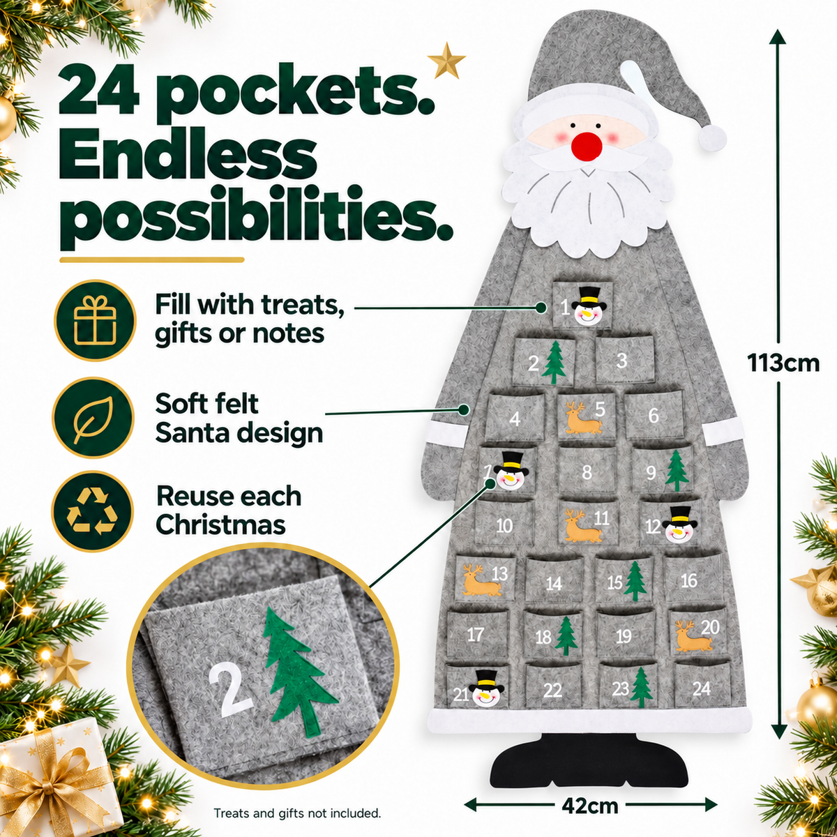 Grey Santa felt advent calendar – features