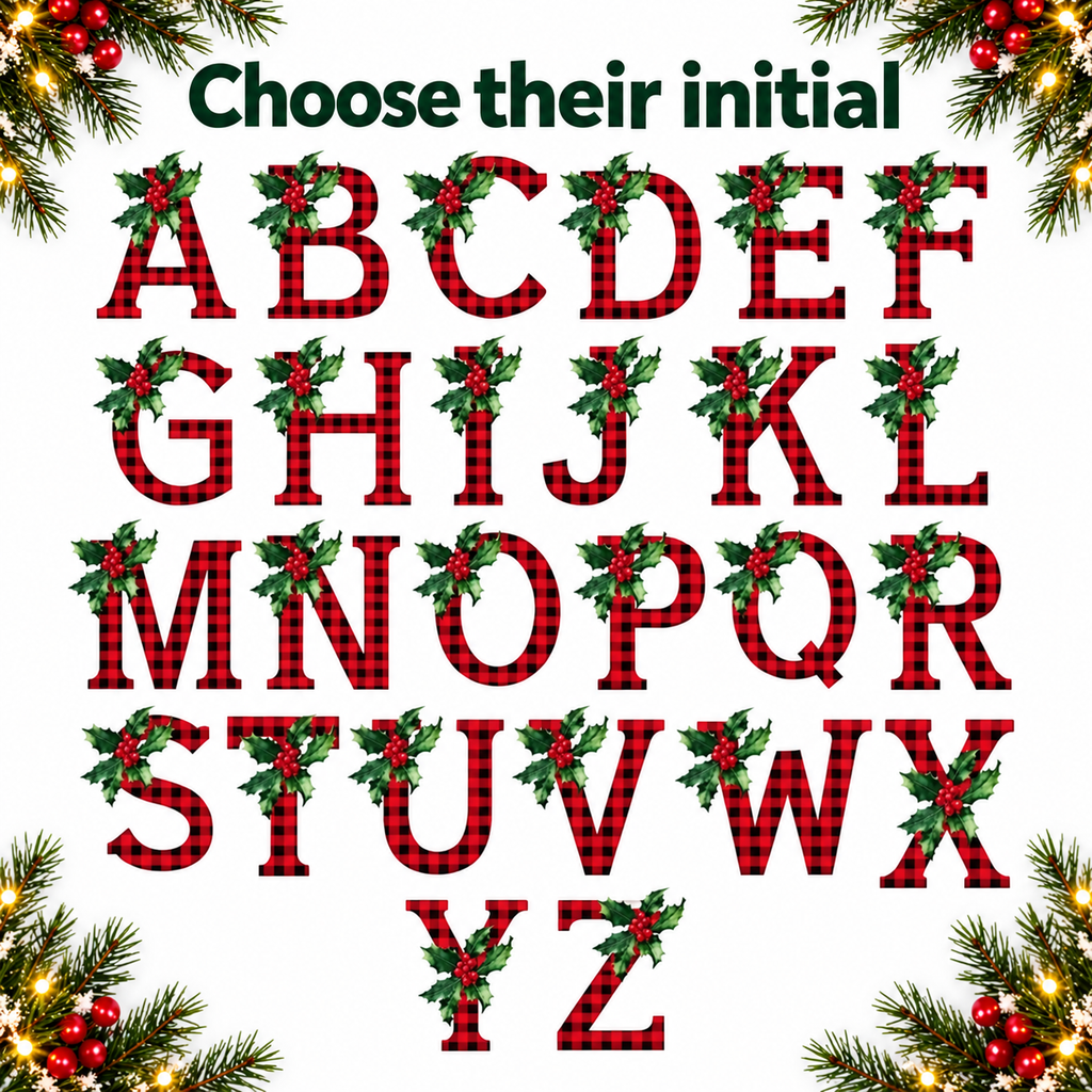 Red gingham initials A–Z with holly for personalised Santa sacks