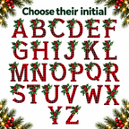 Red gingham initials A–Z with holly for personalised Santa sacks