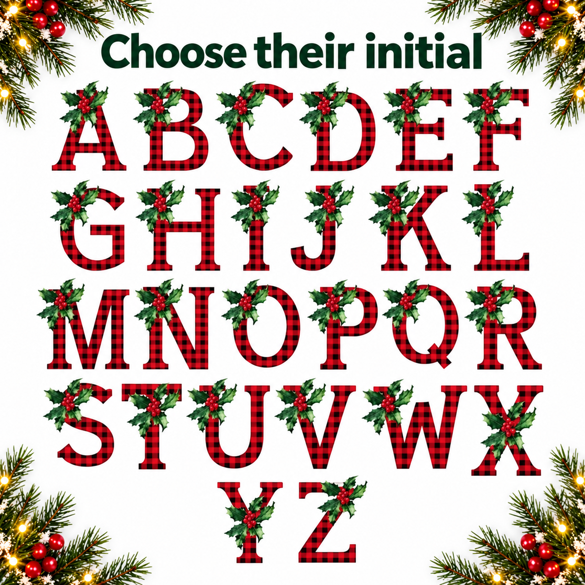 Red gingham initials A–Z with holly for personalised Santa sacks