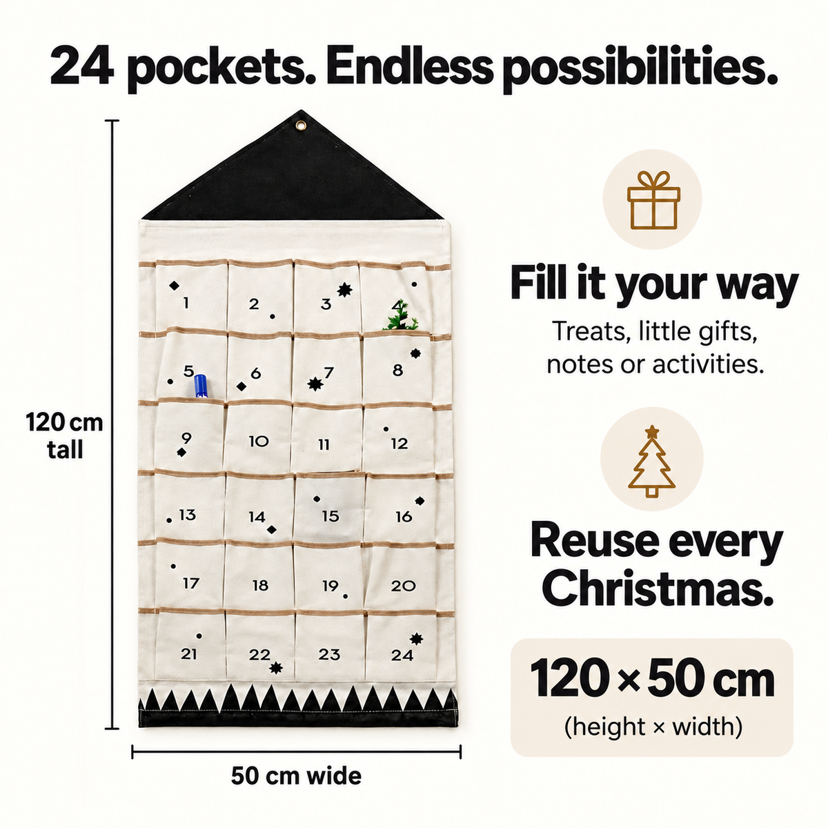 Nordic calendar features and measurements: 120 cm tall by 50 cm wide