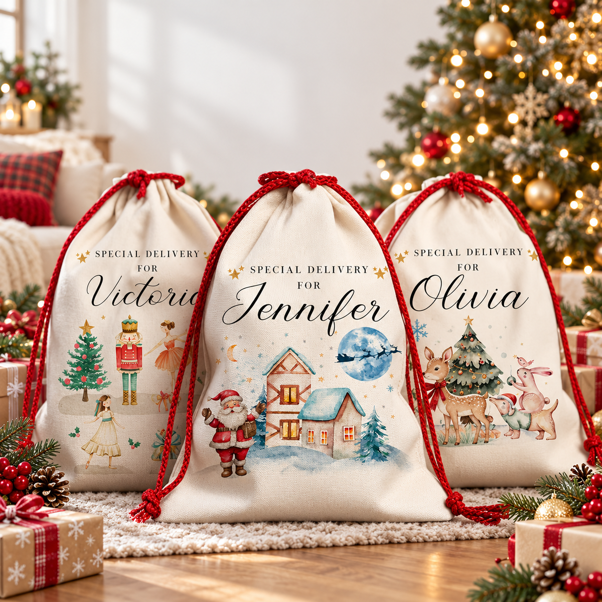 Personalised Christmas Santa Sack – Nutcracker & Animal Designs – christmas scene