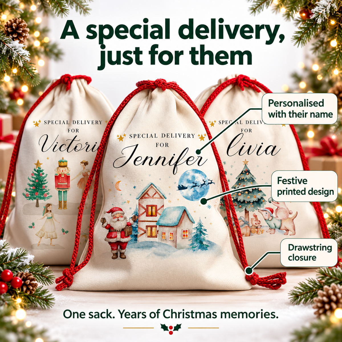 Personalised Christmas Santa Sack – Nutcracker & Animal Designs – features
