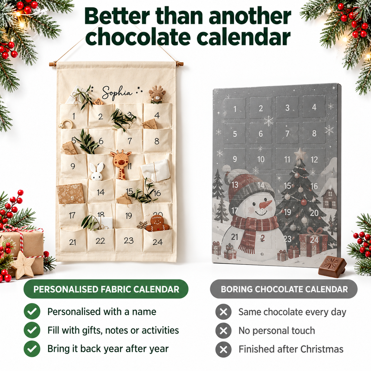 Personalised fabric calendar compared with a chocolate calendar