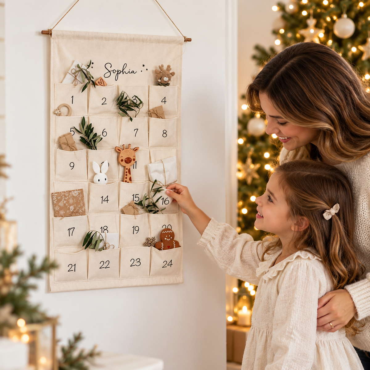 Mother and child enjoying their personalised fabric advent calendar