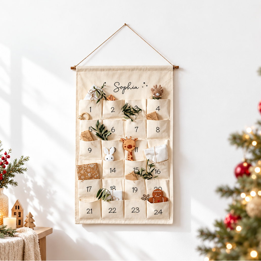 Personalised fabric calendar on a bright wall beside a Christmas tree