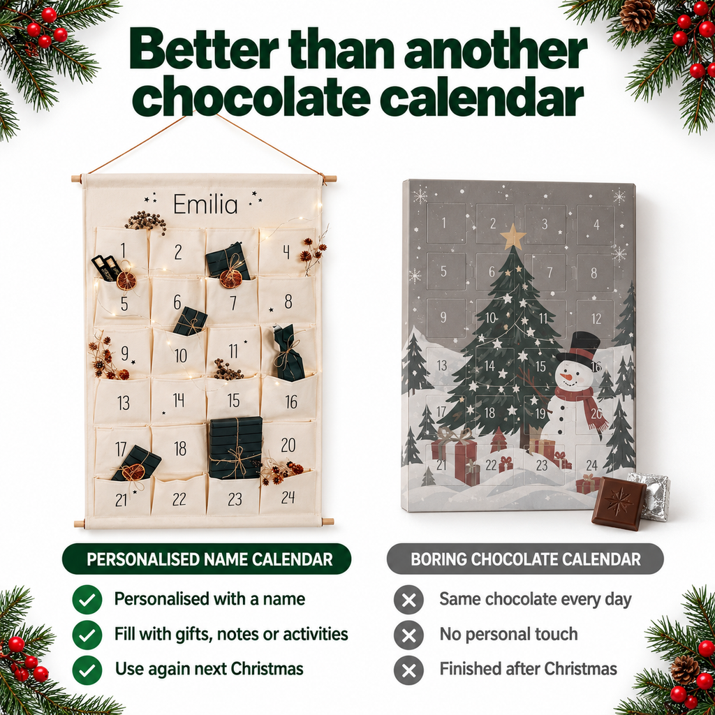 Personalised name advent calendar compared with a chocolate advent calendar