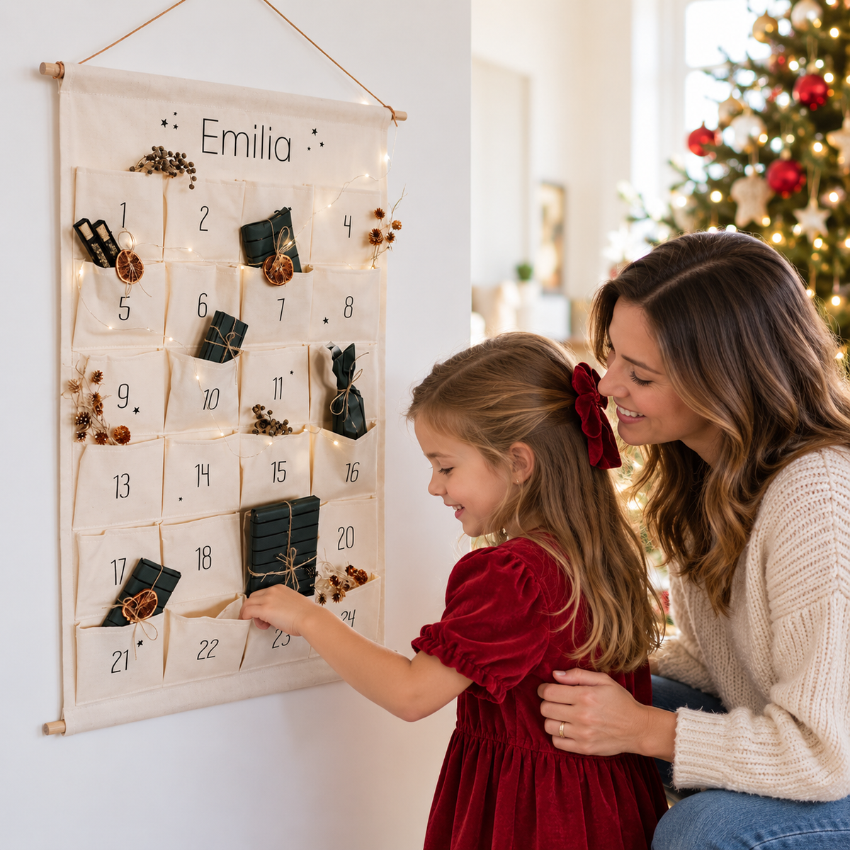 Mother and child enjoying a personalised name advent calendar