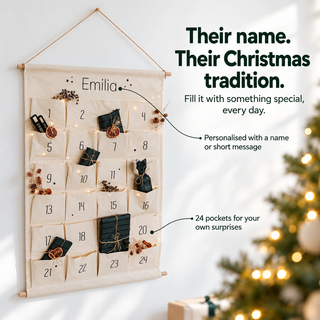Personalised name and 24 fillable pockets feature callouts