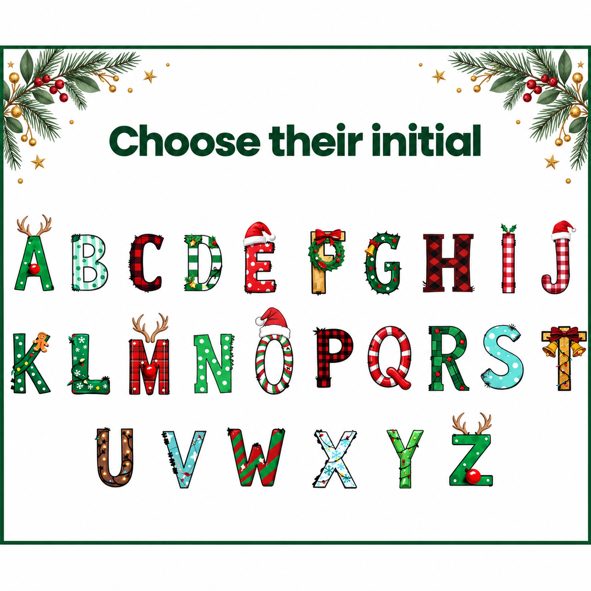 Choose their initial – Christmas alphabet designs for personalised Santa Sack