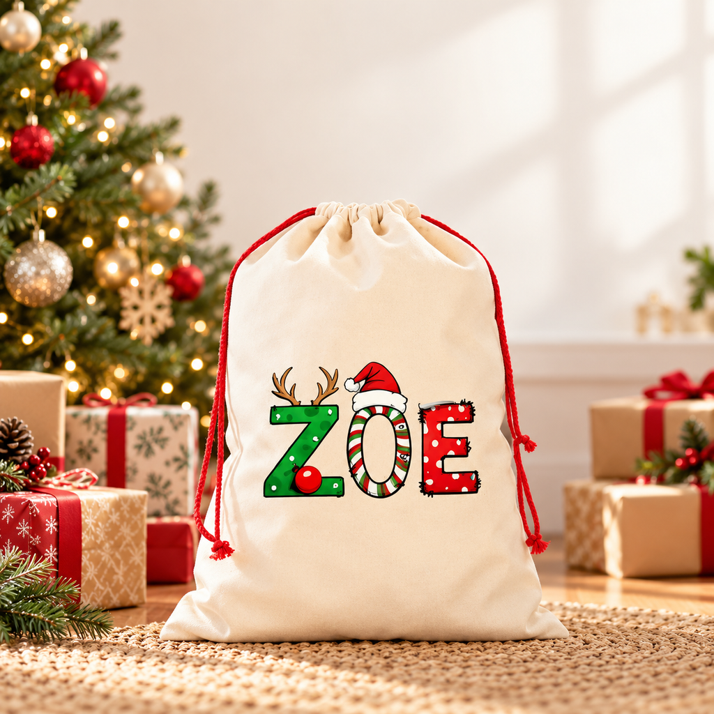 Personalised festive name Santa sack - christmas scene