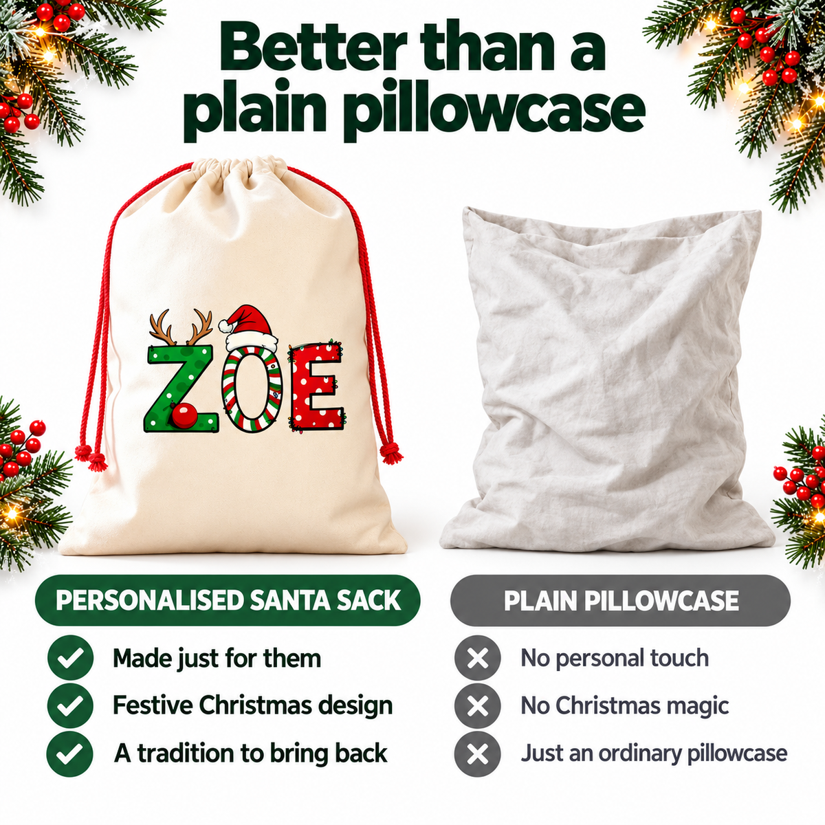 Personalised festive name Santa sack - comparison