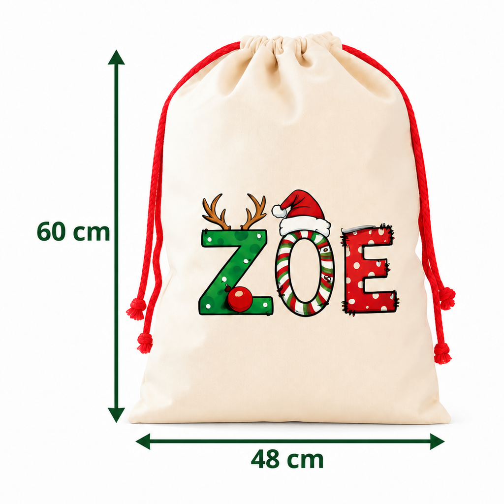 Personalised festive name Santa sack - 48 cm wide and 60 cm high