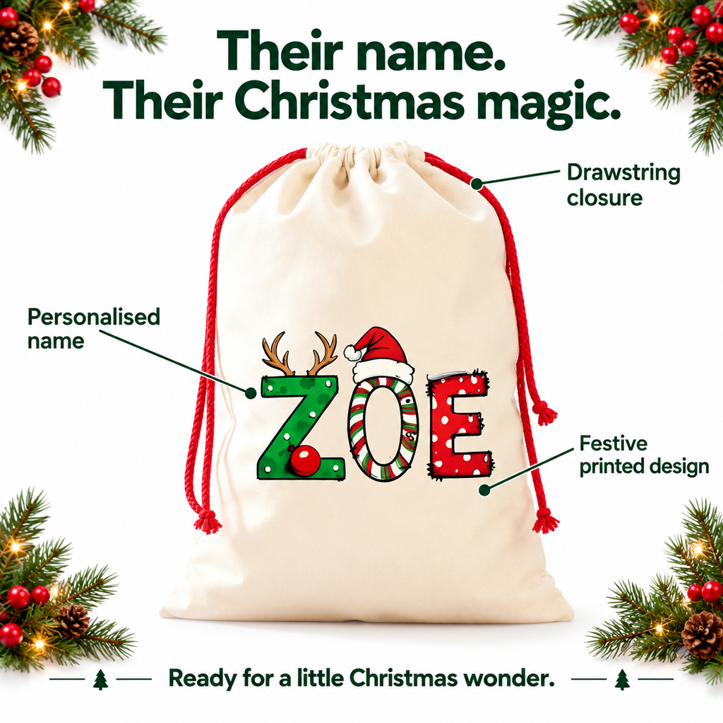 Personalised festive name Santa sack - features