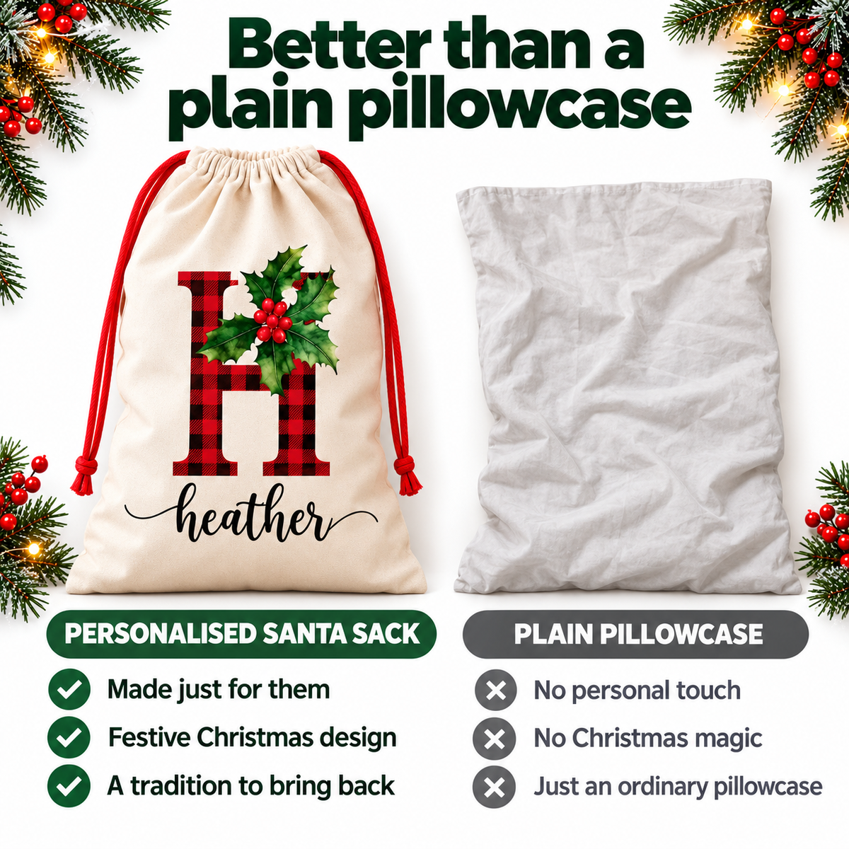 Personalised holly initial Santa sack - comparison