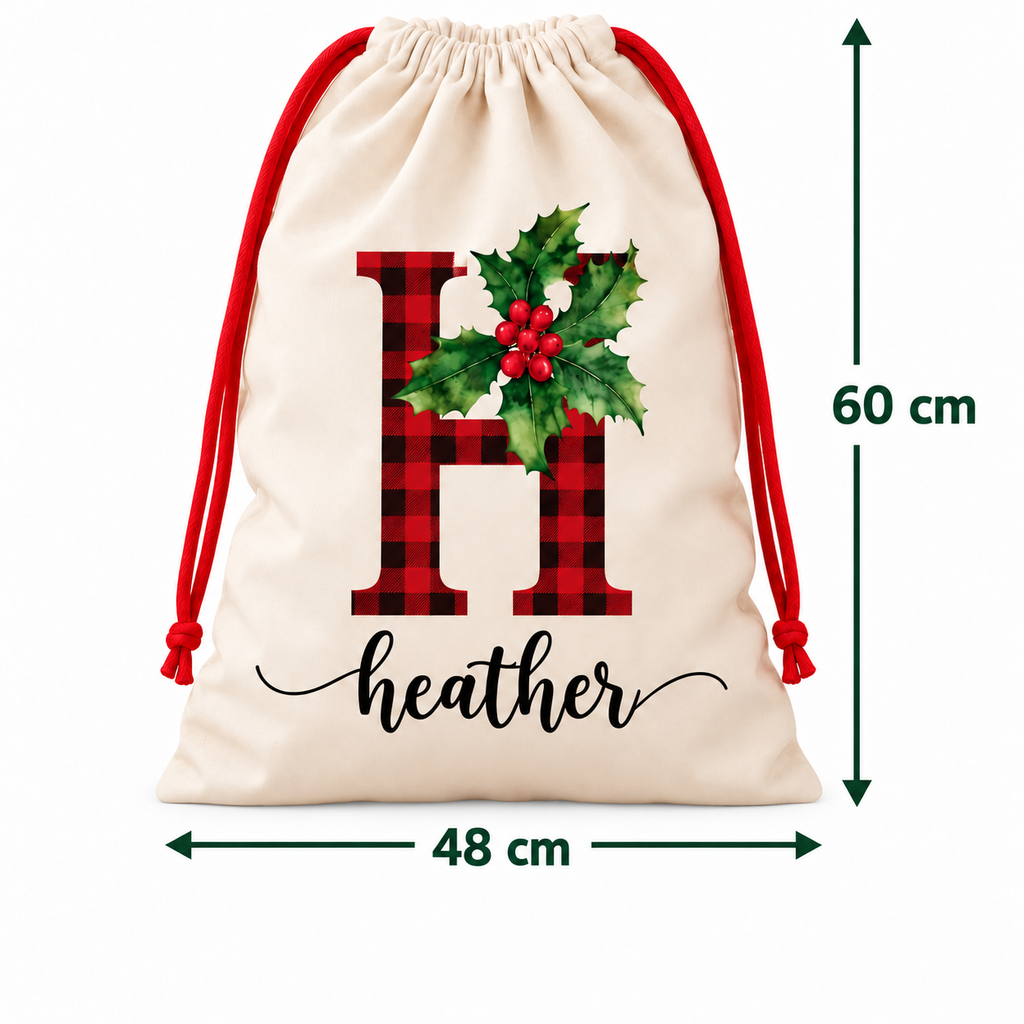 Personalised holly initial Santa sack - 48 cm wide and 60 cm high