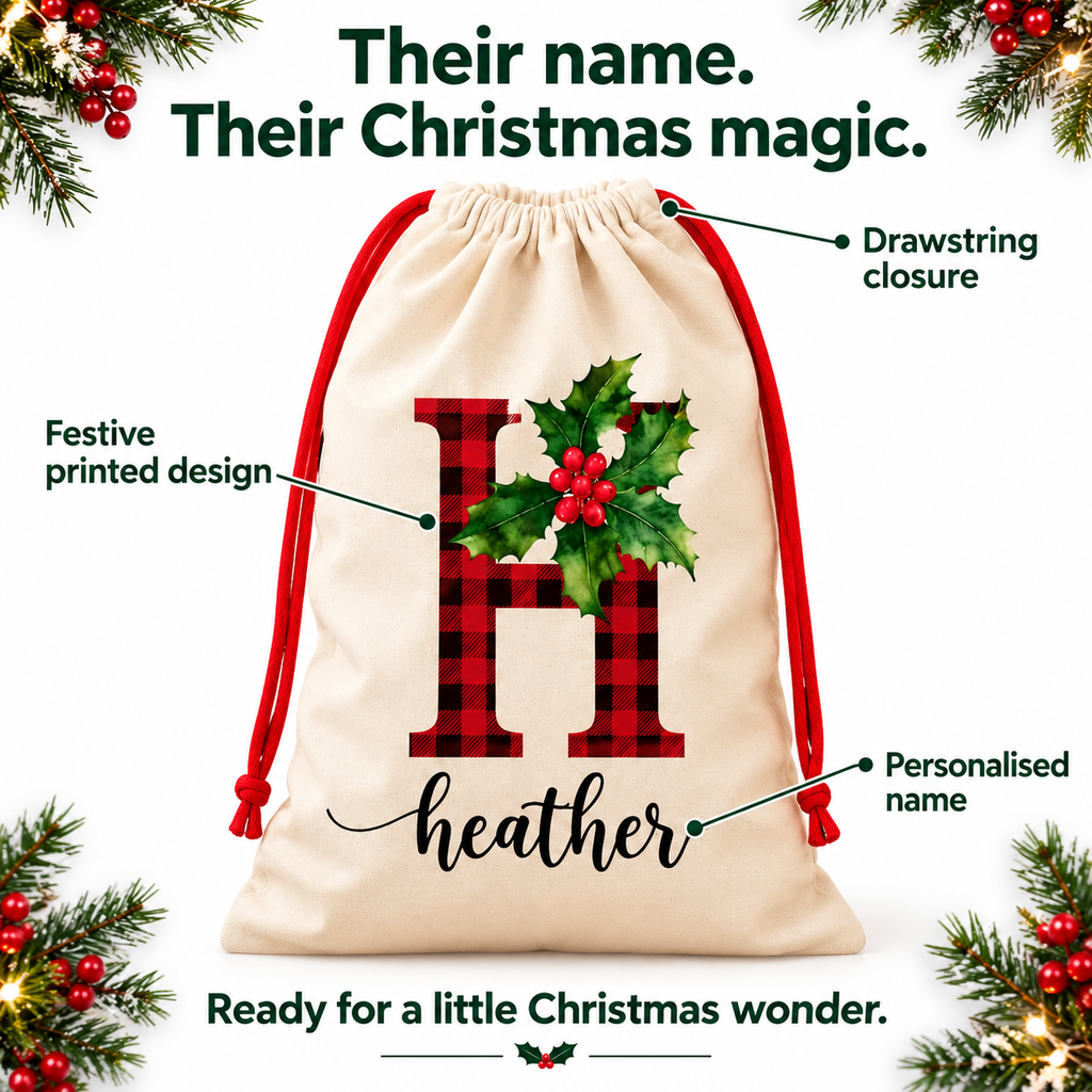 Personalised holly initial Santa sack - features