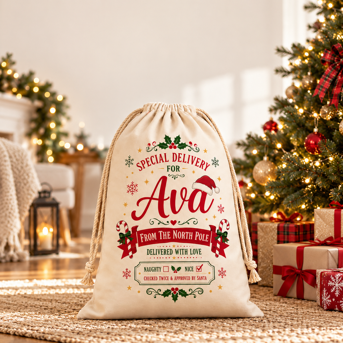 Personalised north pole Santa sack - christmas scene