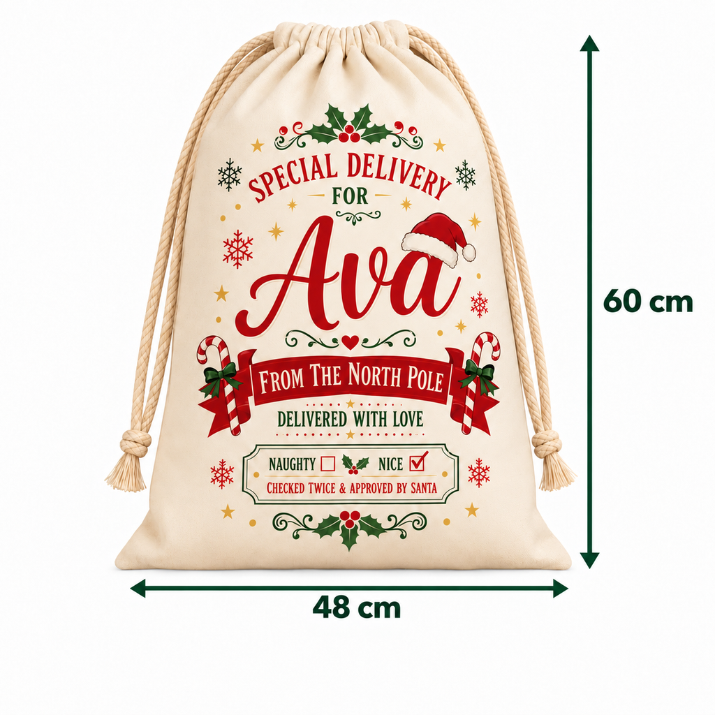 Personalised north pole Santa sack - 48 cm wide and 60 cm high