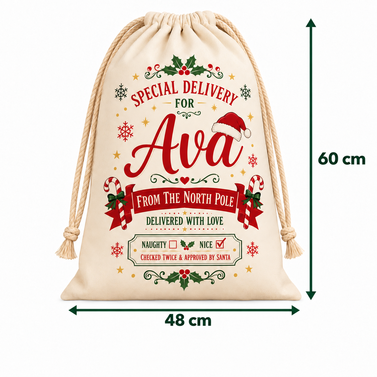 Personalised north pole Santa sack - 48 cm wide and 60 cm high