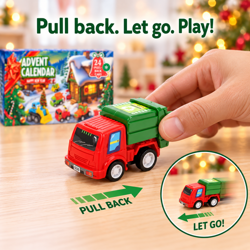 Pull back. Let go. Play! Toy car advent calendar pull-back demonstration.