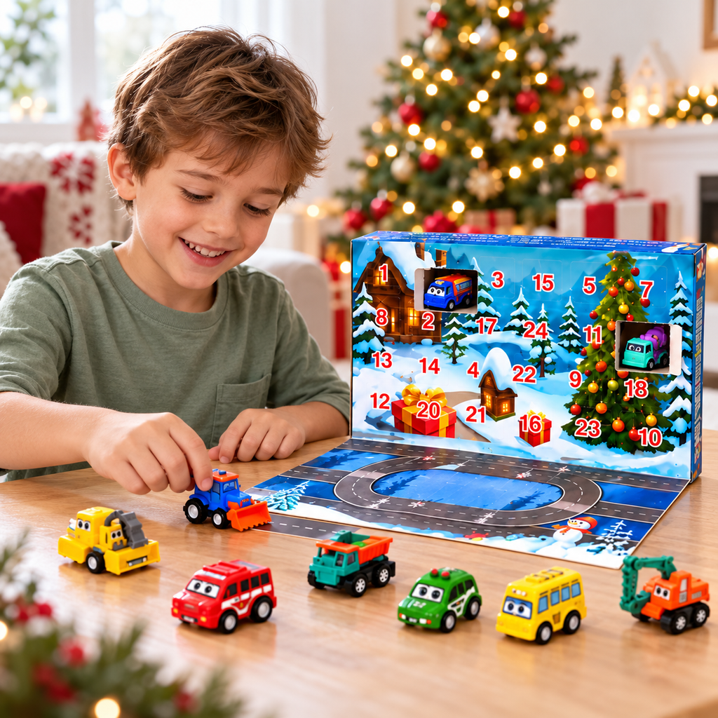 Child playing with vehicles beside the toy car advent calendar