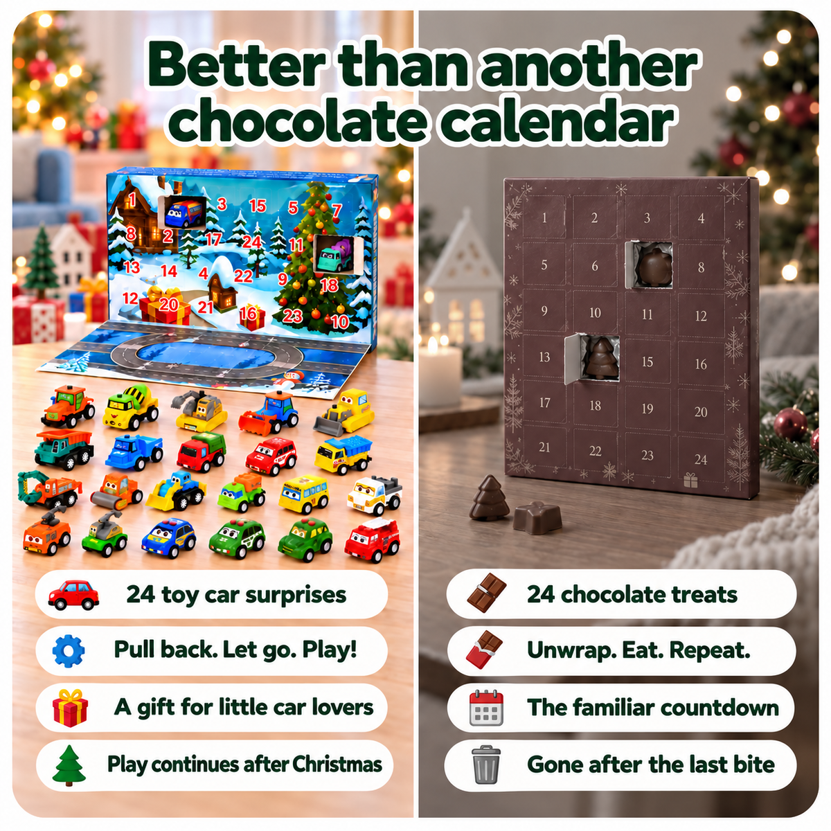 Toy car advent calendar compared with a muted chocolate advent calendar