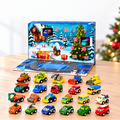 Toy car advent calendar with 24 vehicles in a bright Christmas tabletop scene