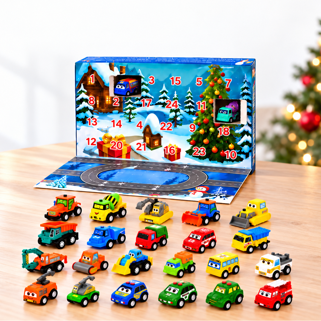 Toy car advent calendar with 24 vehicles in a bright Christmas tabletop scene