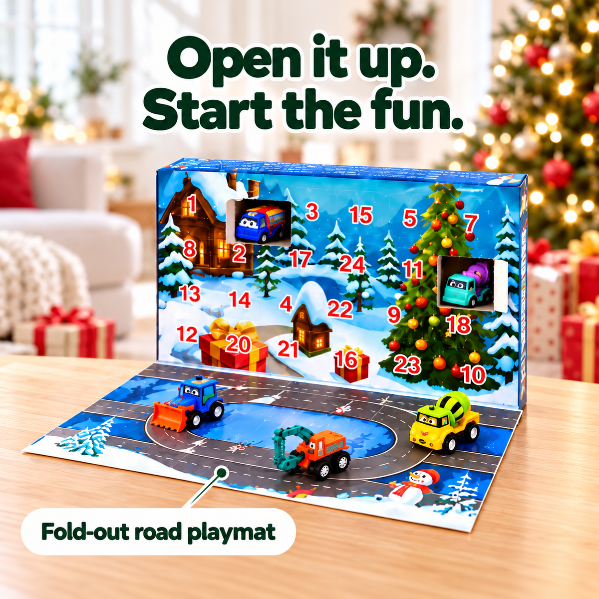 Fold-out road playmat feature of the toy car advent calendar