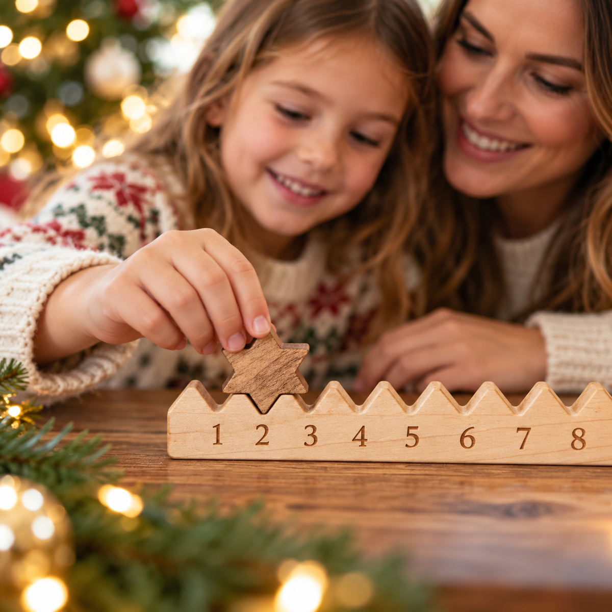 Family moving the star on the Wooden Star Calendar