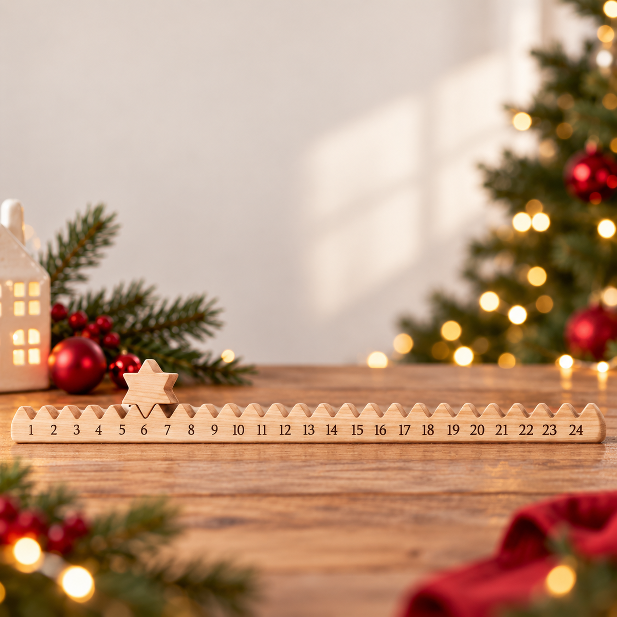 Wooden Star Calendar in a Christmas tabletop scene