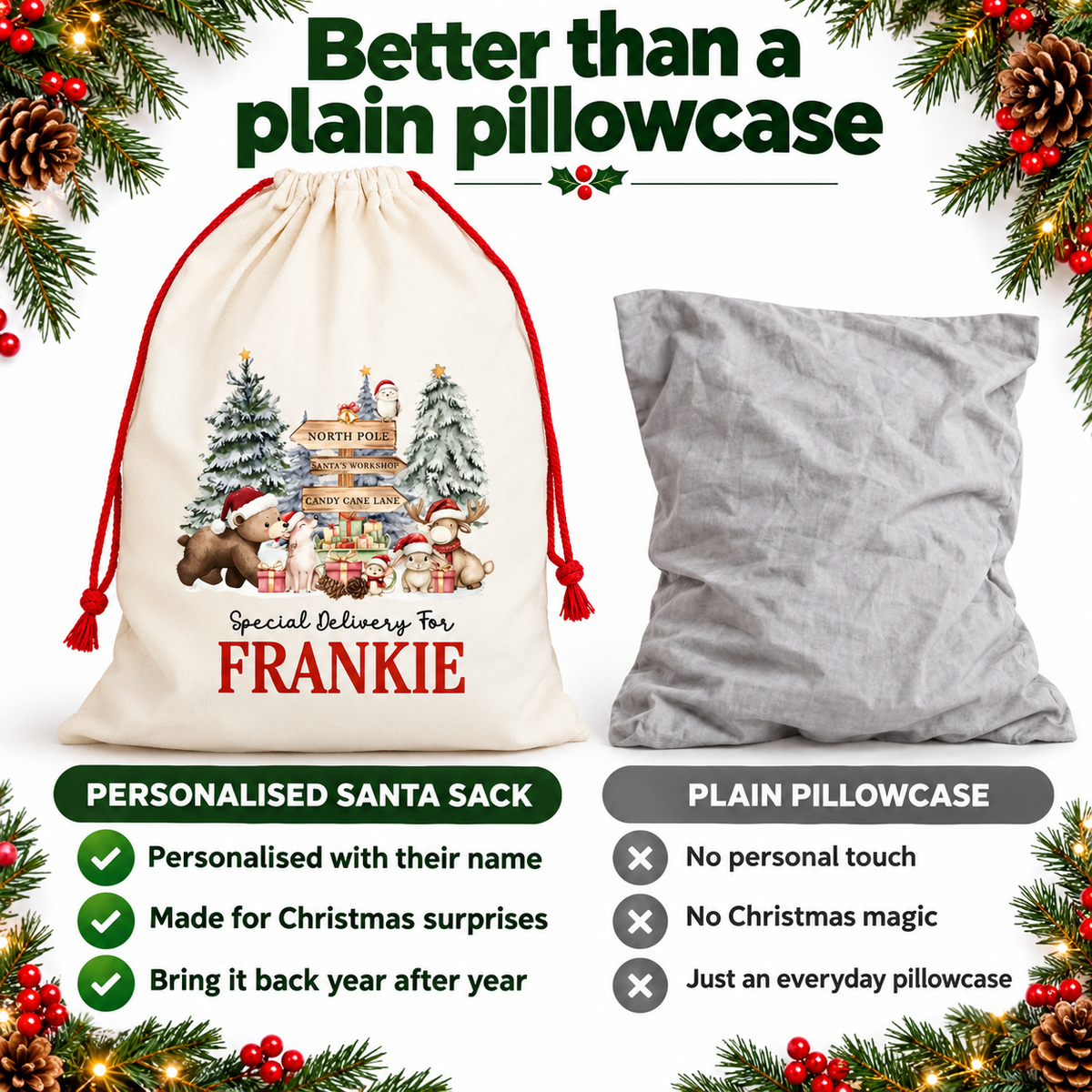 Personalised Woodland Deer Santa Sack – comparison